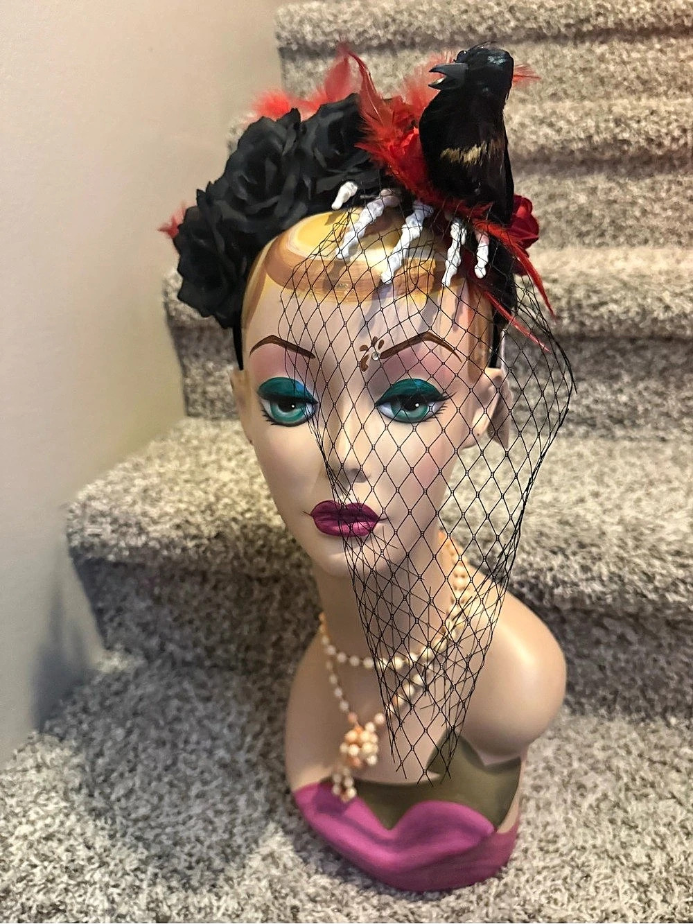 Red & Black Feather Floral Fascinator hand